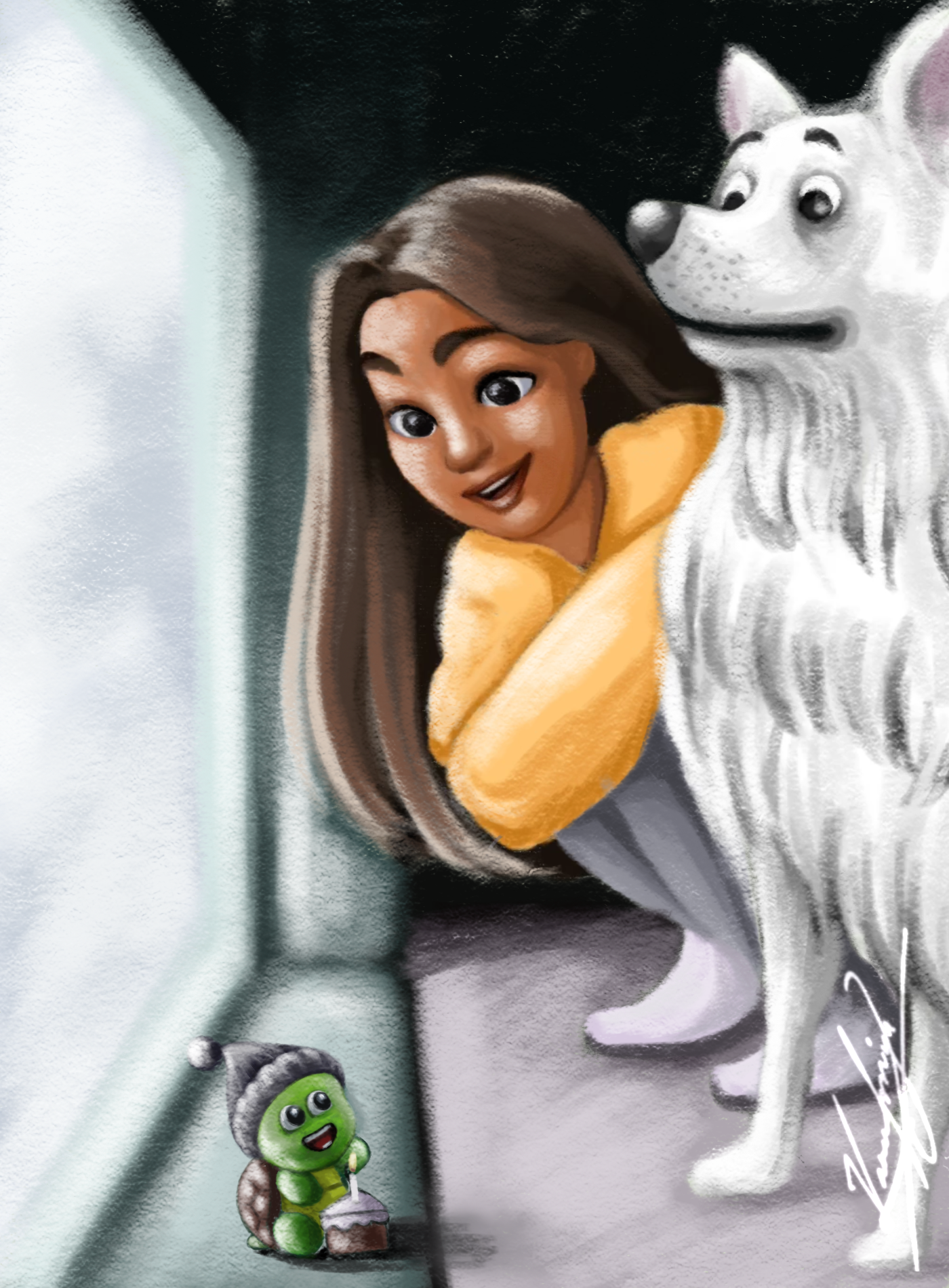 Colorful cartoon illustration of a girl with her dog