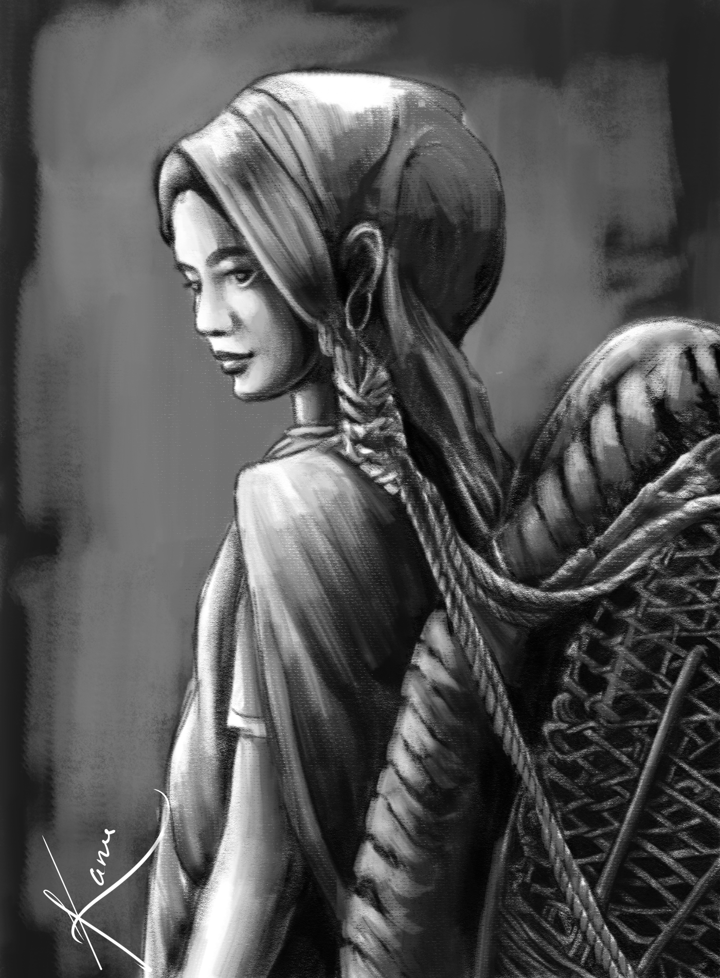 Black and white charcoal portrait of a woman