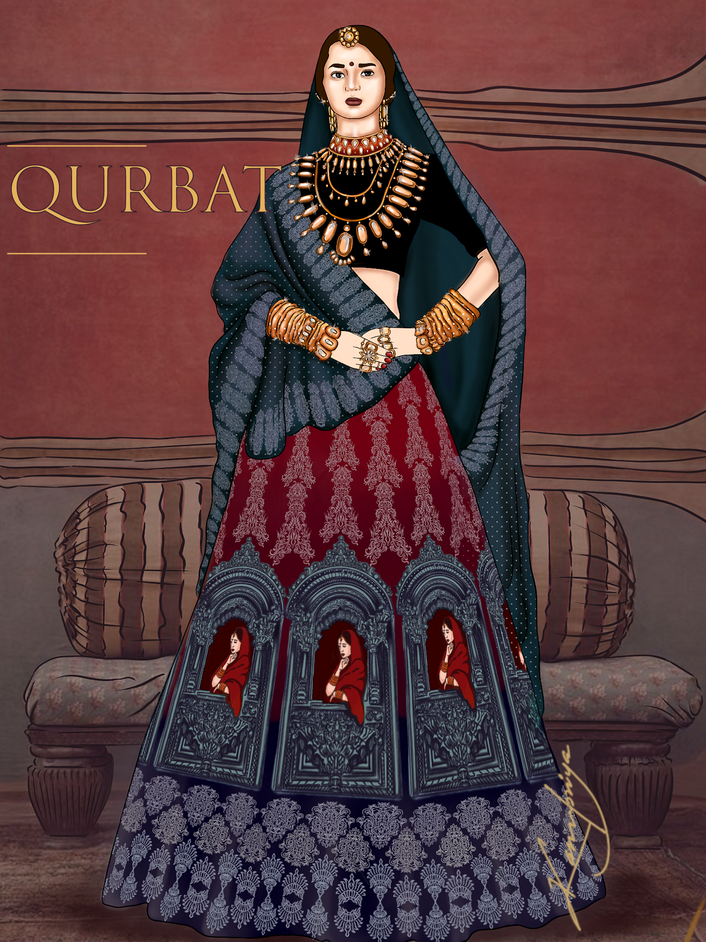 Qurbat - bridal fashion illustration with traditional Indian jewelry