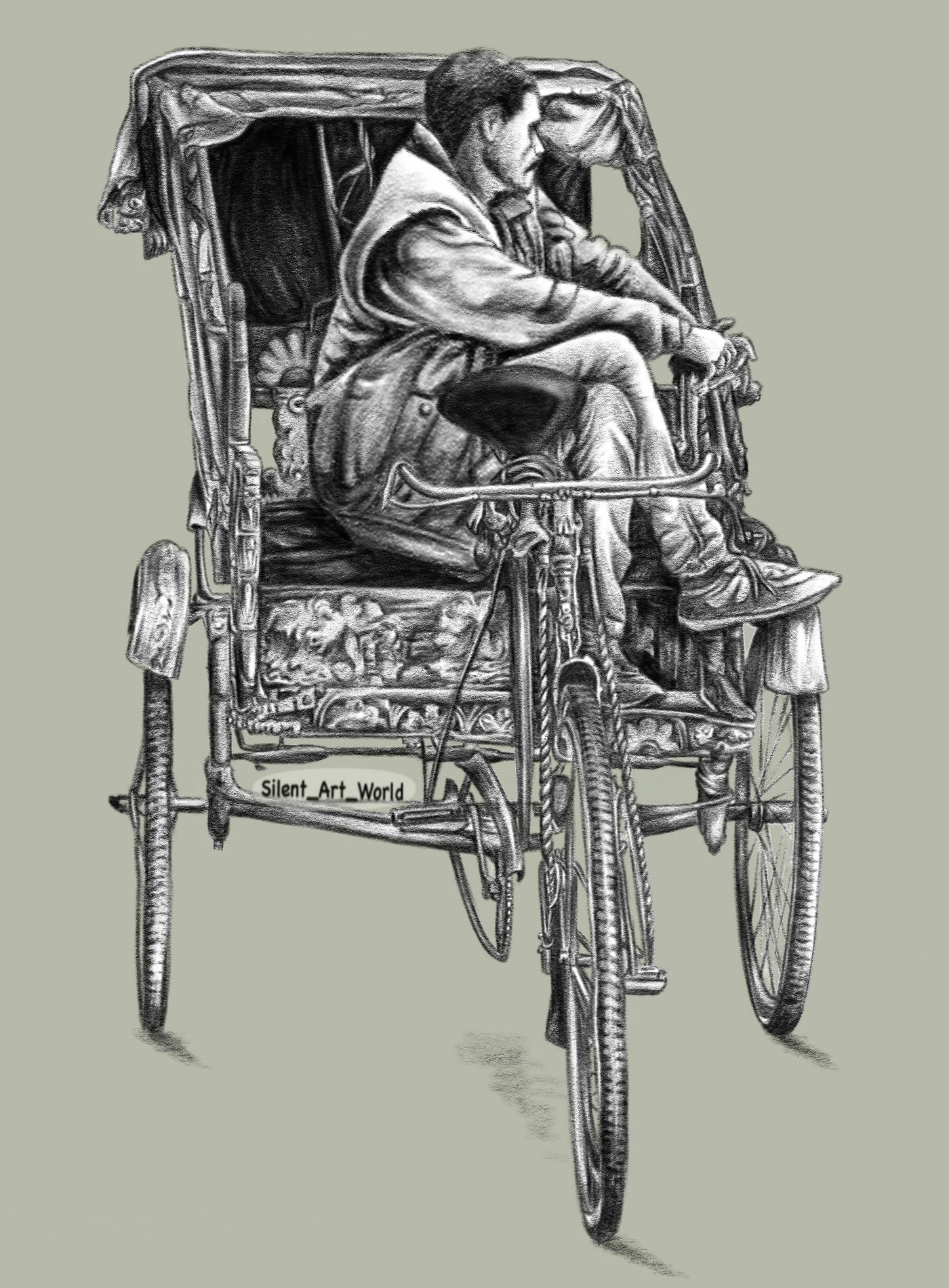 Detailed drawing of a rickshaw puller resting