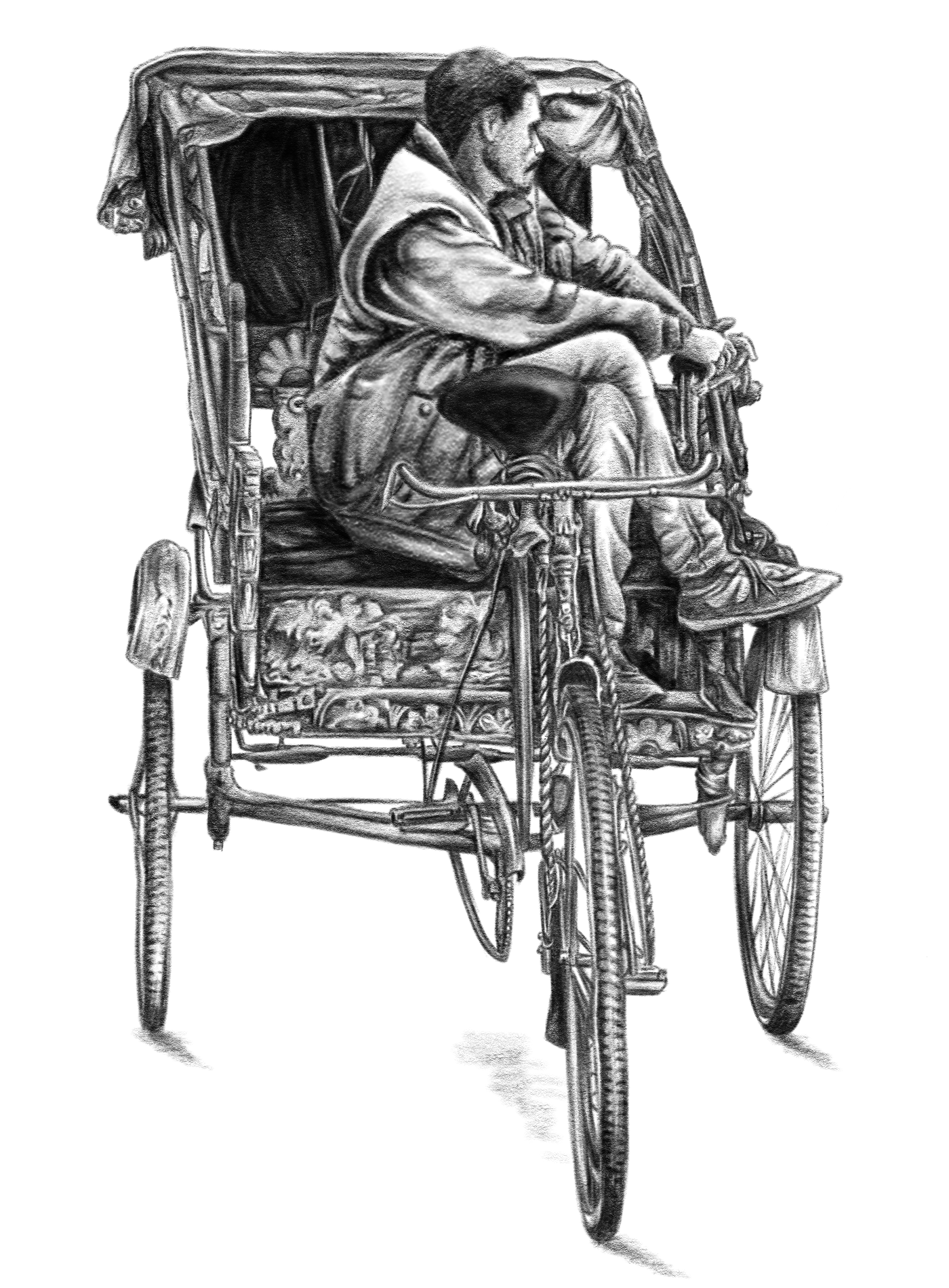 Detailed pencil drawing of a rickshaw puller